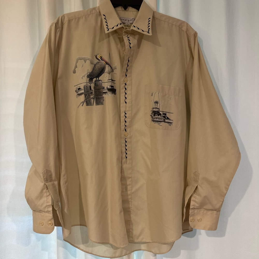 Vintage Tan Button-Up Shirt with Bird and Boat Design